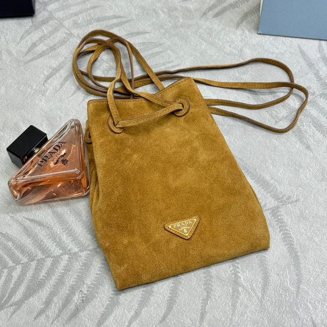 PRADA 25S BUCKET BAG 20 IN LIGHT CARAMEL SUEDE GOLD HARDWARE
