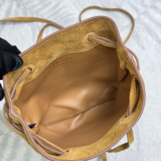 PRADA 25S BUCKET BAG 20 IN LIGHT CARAMEL SUEDE GOLD HARDWARE