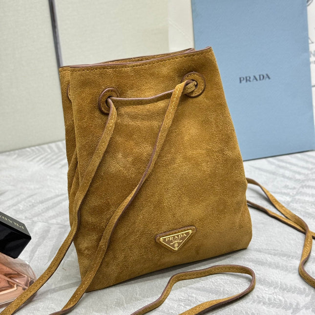 PRADA 25S BUCKET BAG 20 IN LIGHT CARAMEL SUEDE GOLD HARDWARE