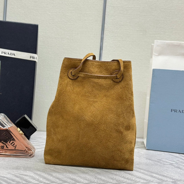 PRADA 25S BUCKET BAG 20 IN LIGHT CARAMEL SUEDE GOLD HARDWARE
