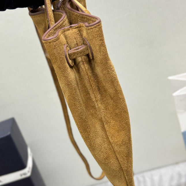 PRADA 25S BUCKET BAG 20 IN LIGHT CARAMEL SUEDE GOLD HARDWARE