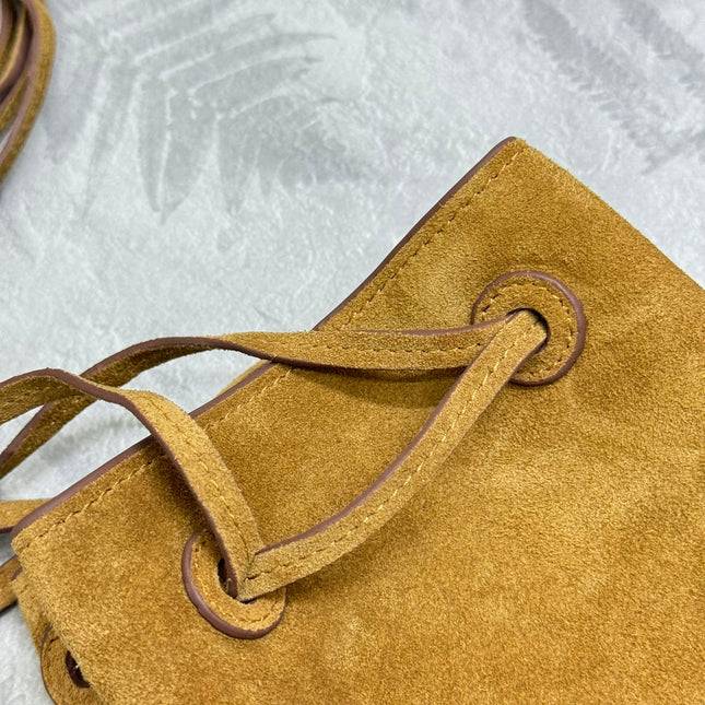 PRADA 25S BUCKET BAG 20 IN LIGHT CARAMEL SUEDE GOLD HARDWARE