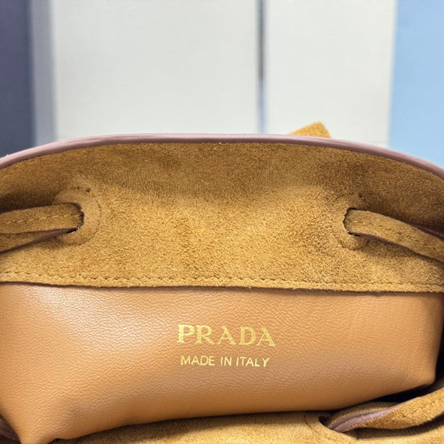 PRADA 25S BUCKET BAG 20 IN LIGHT CARAMEL SUEDE GOLD HARDWARE