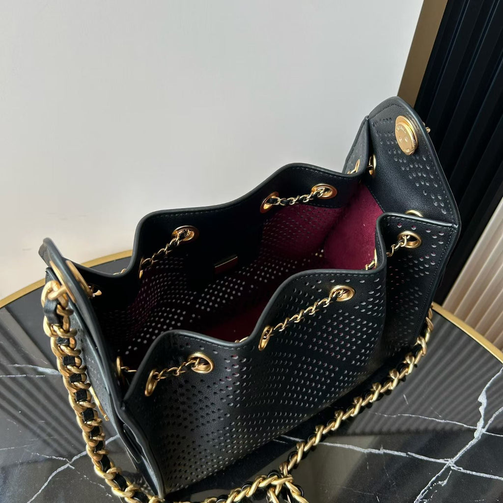 CHANEL 26S HOBO BAG 22 IN BLACK PERFORATED CALFSKIN GOLD HARDWARE