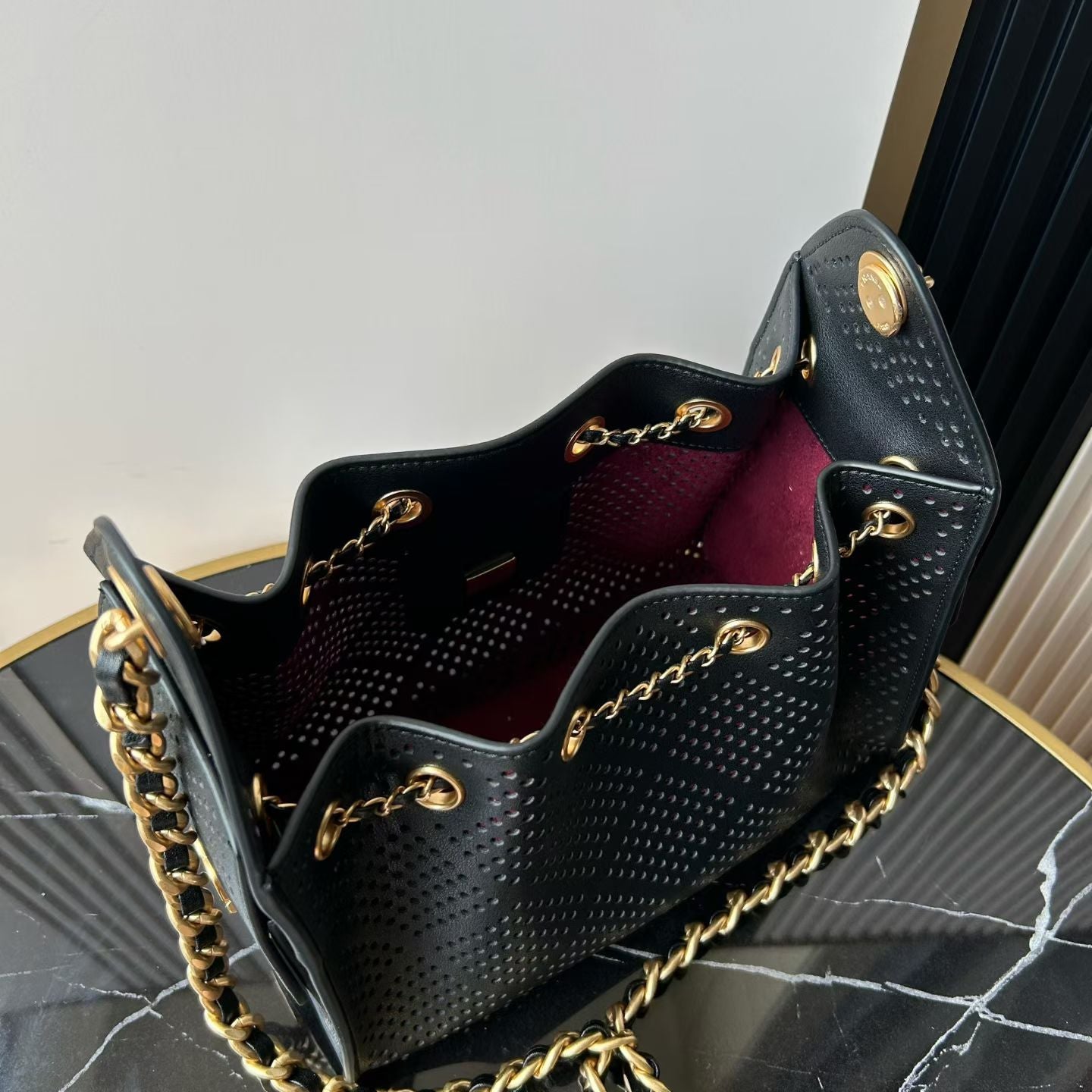 CHANEL 26S HOBO BAG 22 IN BLACK PERFORATED CALFSKIN GOLD HARDWARE