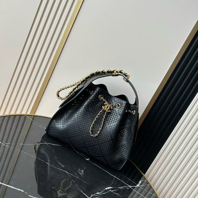 CHANEL 26S HOBO BAG MEDIUM 30 IN BLACK PERFORATED CALFSKIN GOLD HARDWARE