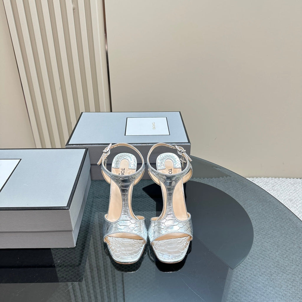 PADLOCK HIGH-HEELED SANDAL 10 CM IN SILVER SNAKESKIN