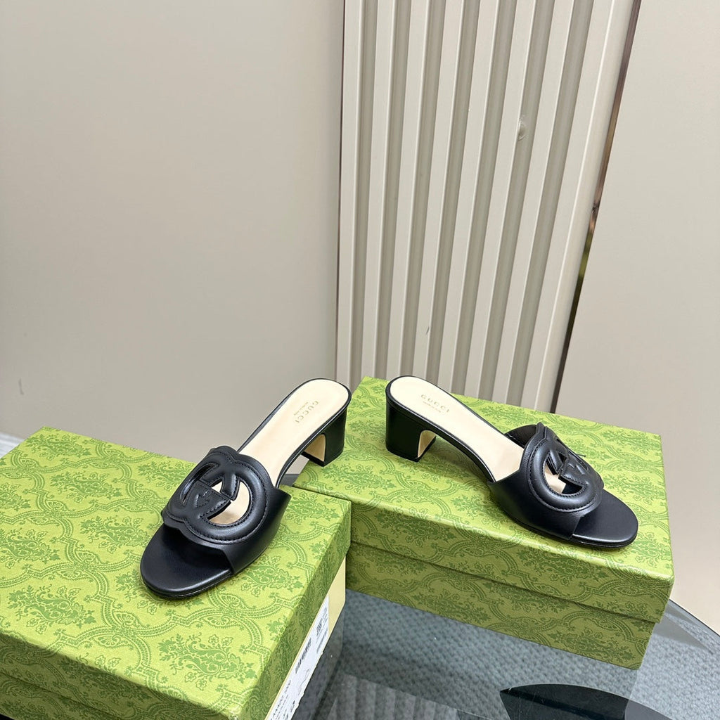 MID-HEEL 5 CM MULE IN BLACK CALFSKIN