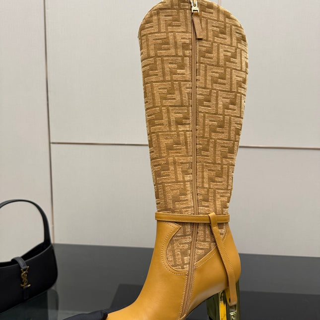 FENDI 25S KNEE-HIGH BOOTS 50 MM IN GOLDEN BROWN CALFSKIN AND FABRIC PRINT LOGO