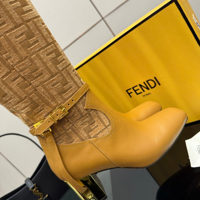 FENDI 25S KNEE-HIGH BOOTS 50 MM IN GOLDEN BROWN CALFSKIN AND FABRIC PRINT LOGO