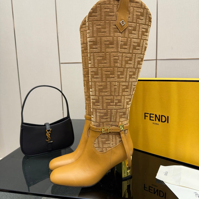 FENDI 25S KNEE-HIGH BOOTS 50 MM IN GOLDEN BROWN CALFSKIN AND FABRIC PRINT LOGO