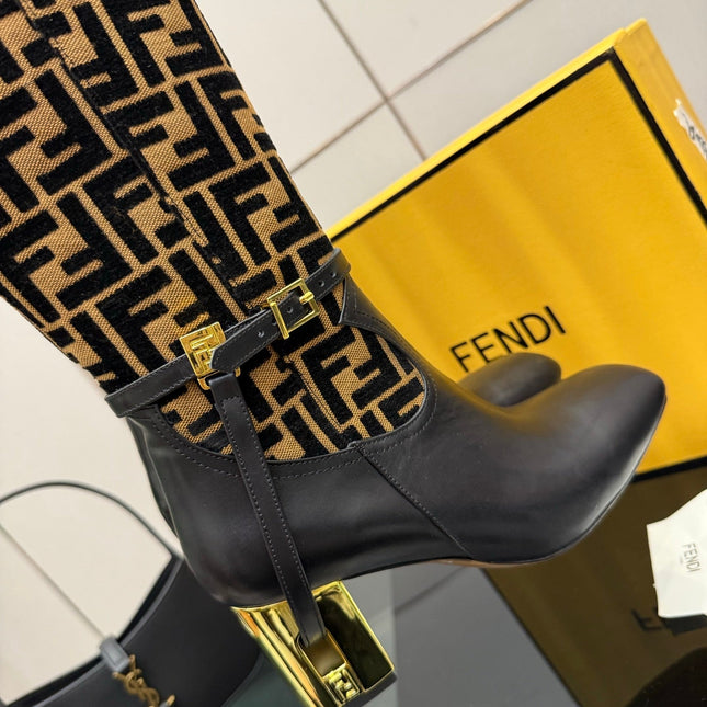 FENDI 25S KNEE-HIGH BOOTS 50 MM IN BLACK CALFSKIN AND BROWN FABRIC PRINT LOGO