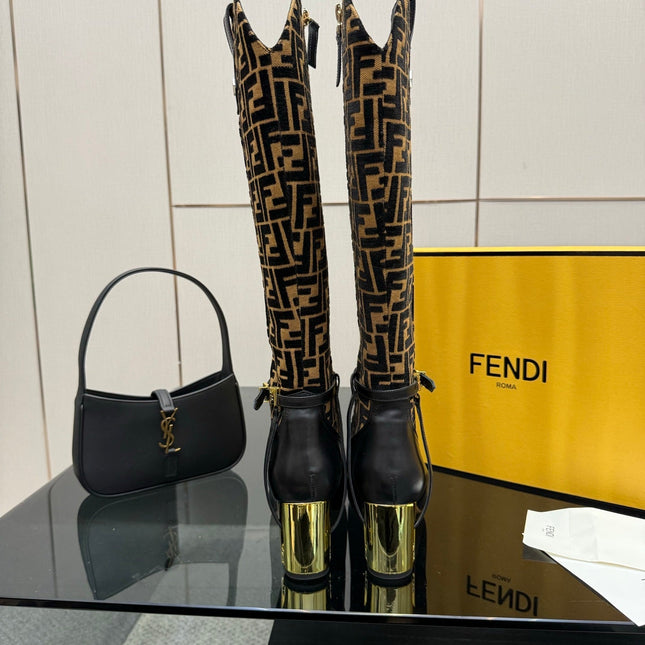 FENDI 25S KNEE-HIGH BOOTS 50 MM IN BLACK CALFSKIN AND BROWN FABRIC PRINT LOGO