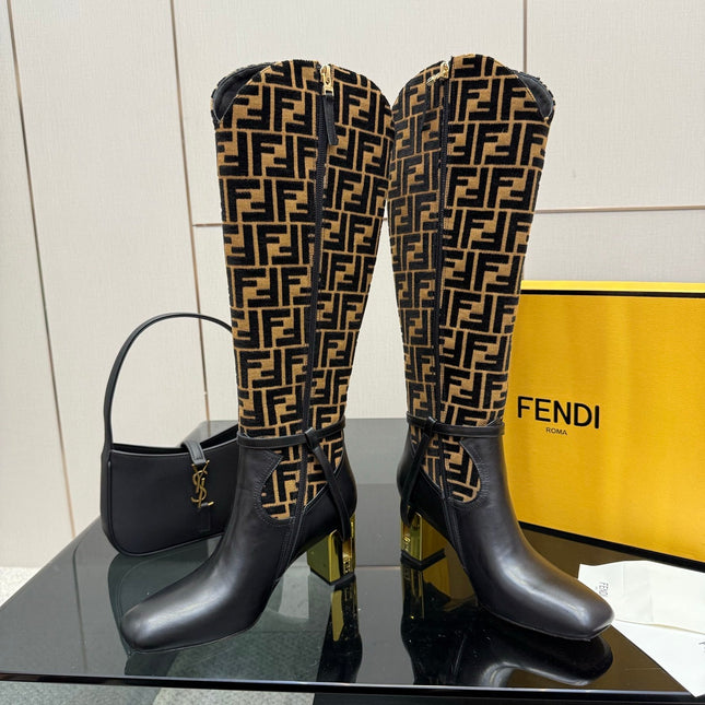 FENDI 25S KNEE-HIGH BOOTS 50 MM IN BLACK CALFSKIN AND BROWN FABRIC PRINT LOGO