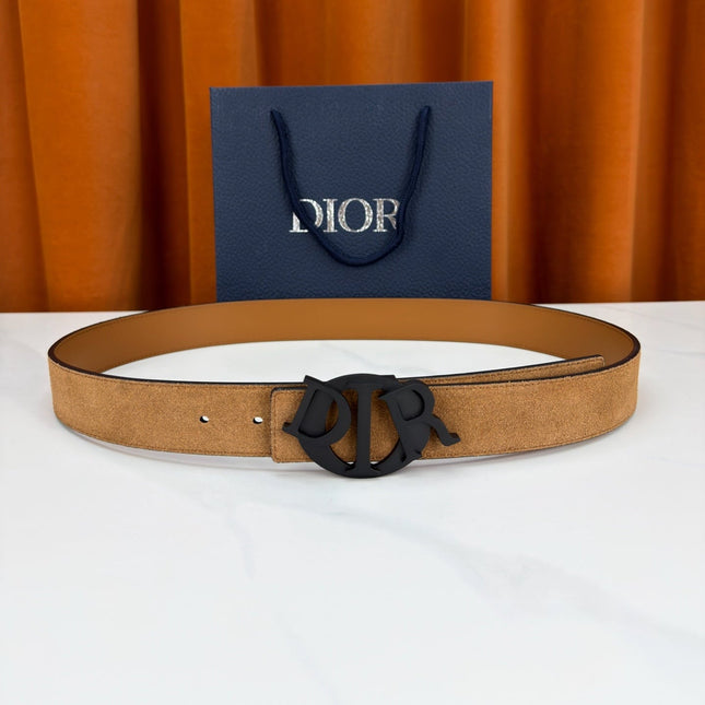 DIOR 26S CD LOGO BELT IN BROWN SUEDE CALFSKIN BLACK HARDWARE 633688