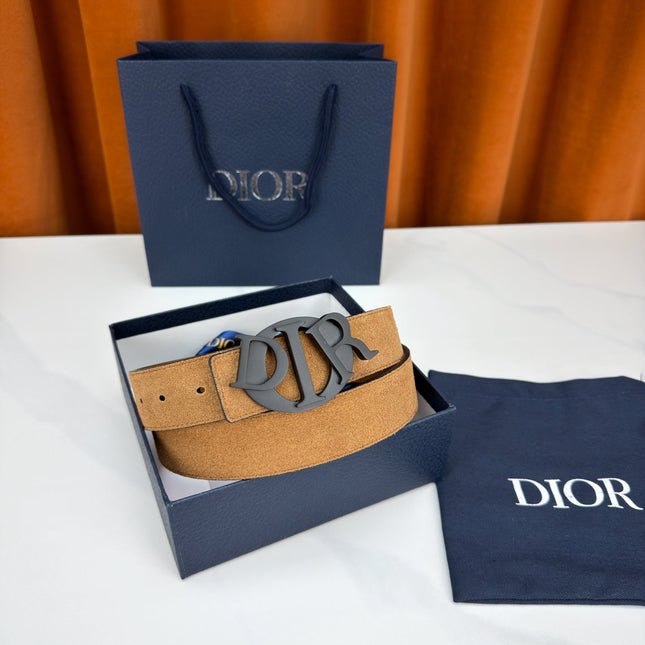 DIOR 26S CD LOGO BELT IN BROWN SUEDE CALFSKIN BLACK HARDWARE 633688
