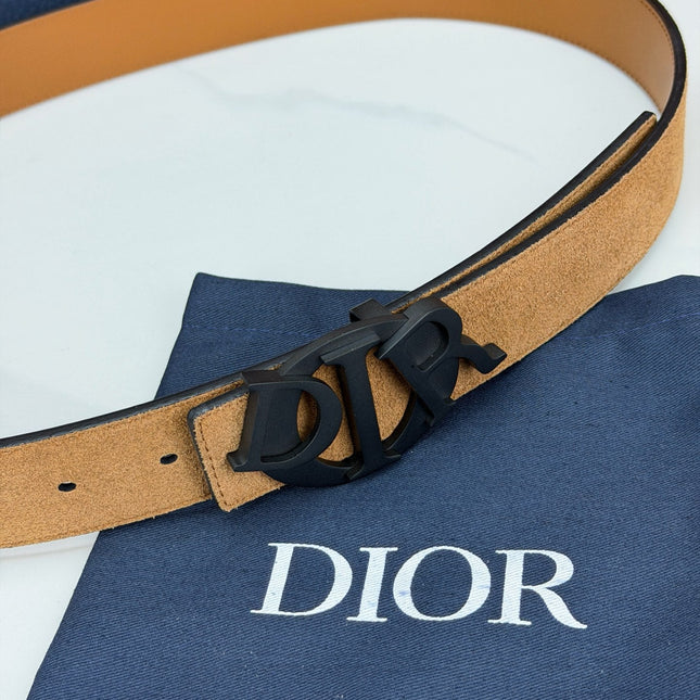 DIOR 26S CD LOGO BELT IN BROWN SUEDE CALFSKIN BLACK HARDWARE 633688