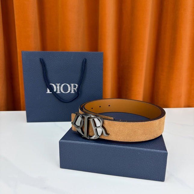 DIOR 26S CD LOGO BELT IN BROWN SUEDE CALFSKIN BLACK HARDWARE
