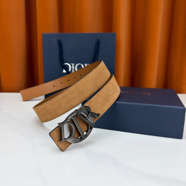 DIOR 26S CD LOGO BELT IN BROWN SUEDE CALFSKIN BLACK HARDWARE