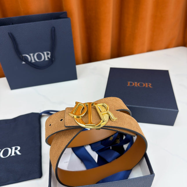 DIOR 26S CD LOGO BELT IN BROWN SUEDE CALFSKIN GOLD HARDWARE