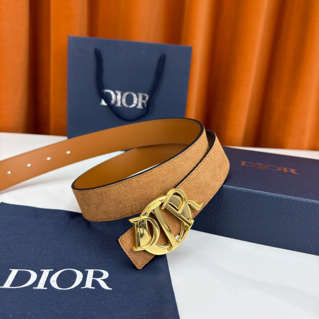 DIOR 26S CD LOGO BELT IN BROWN SUEDE CALFSKIN GOLD HARDWARE