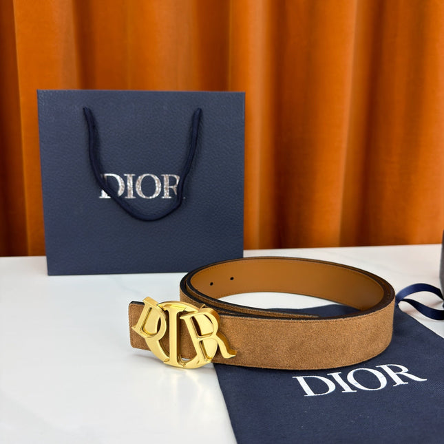 DIOR 26S CD LOGO BELT IN BROWN SUEDE CALFSKIN GOLD HARDWARE