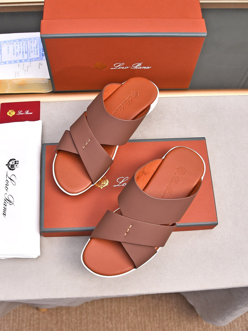 LP INTERWOVEN STRAPS SLIPPERS CHOCOLATE CALFSKIN