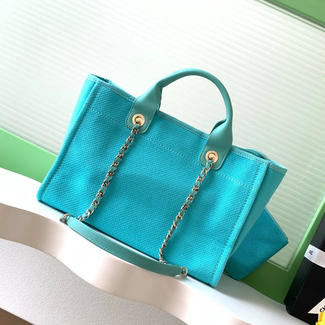 CHANEL 25S TOTE BAG 33 IN TURQUOISE BLUE CANVAS
