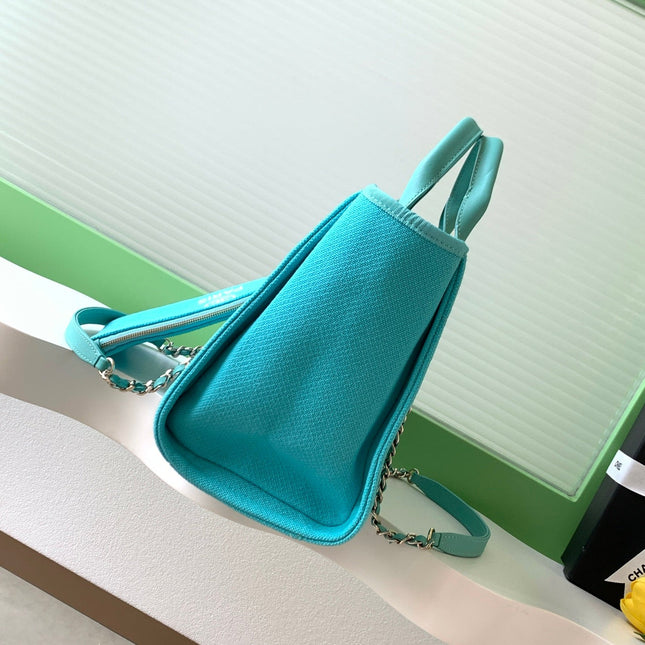 CHANEL 25S TOTE BAG 33 IN TURQUOISE BLUE CANVAS