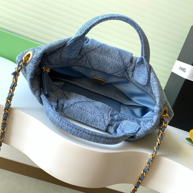 CHANEL 25S MAXI BOW BAG 26 IN BLUE DENIM WITH GOLD HARDWARE