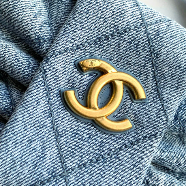 CHANEL 25S MAXI BOW BAG 26 IN BLUE DENIM WITH GOLD HARDWARE