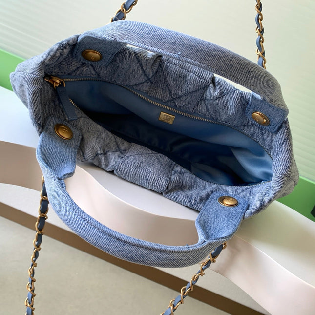 CHANEL 25S MAXI BOW BAG 38 IN BLUE DENIM WITH GOLD HARDWARE