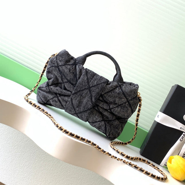 CHANEL 25S MAXI BOW BAG 26 IN DARK GREY DENIM WITH GOLD HARDWARE