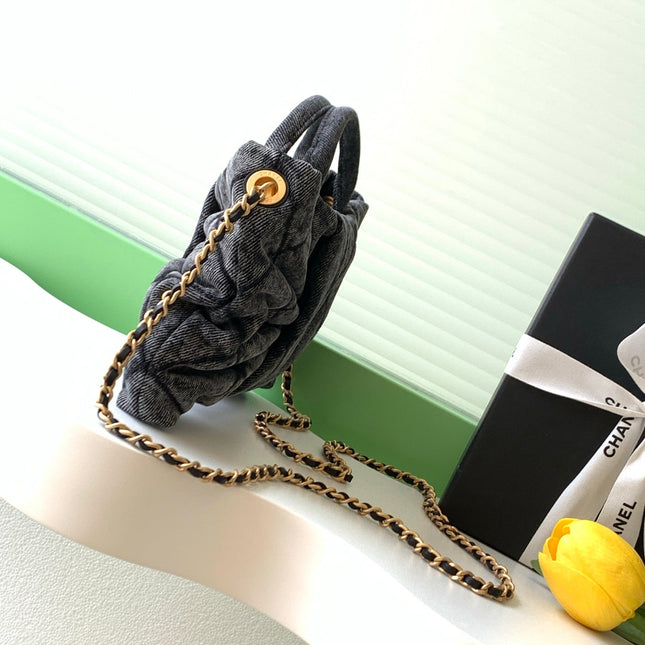 CHANEL 25S MAXI BOW BAG 26 IN DARK GREY DENIM WITH GOLD HARDWARE