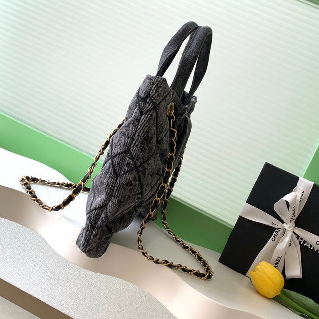 CHANEL 25S MAXI BOW BAG 38 IN DARK GREY DENIM WITH GOLD HARDWARE
