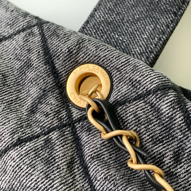 CHANEL 25S MAXI BOW BAG 38 IN DARK GREY DENIM WITH GOLD HARDWARE