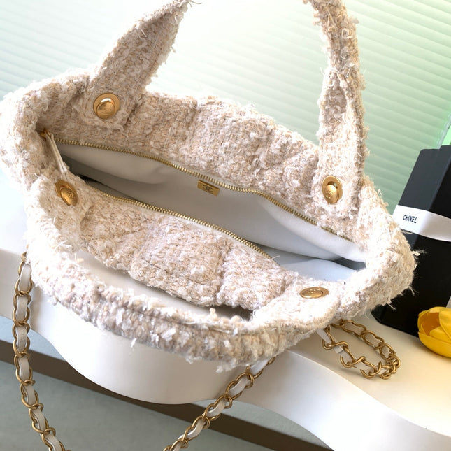 CHANEL 25S BOW BAG 38 IN CREAM WHITE TWEED WITH GOLD HARDWARE