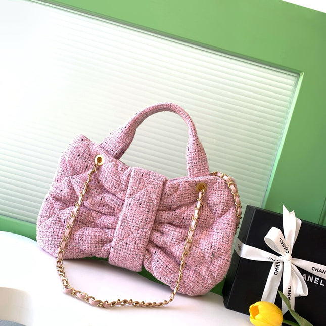 CHANEL 25S BOW BAG 38 IN PINK TWEED WITH GOLD HARDWARE