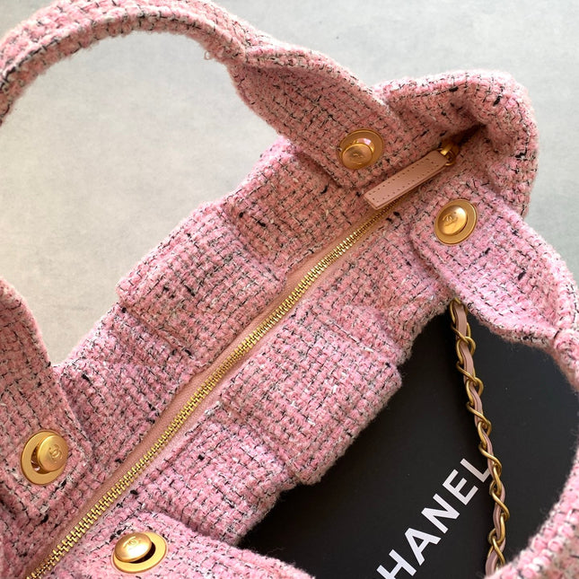 CHANEL 25S BOW BAG 38 IN PINK TWEED WITH GOLD HARDWARE