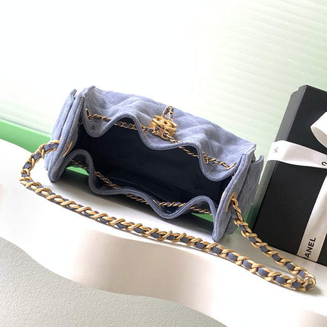 CHANEL 25S HOBO BAG 22 IN BLUE GRAY SUEDE WITH GOLD HARDWARE