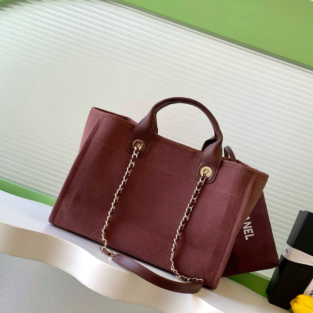CHANEL 25S TOTE BAG 33 IN DARK RED CANVAS