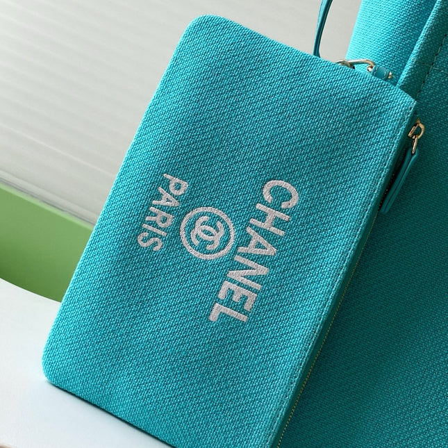 CHANEL 25S TOTE BAG 38 IN TURQUOISE BLUE CANVAS