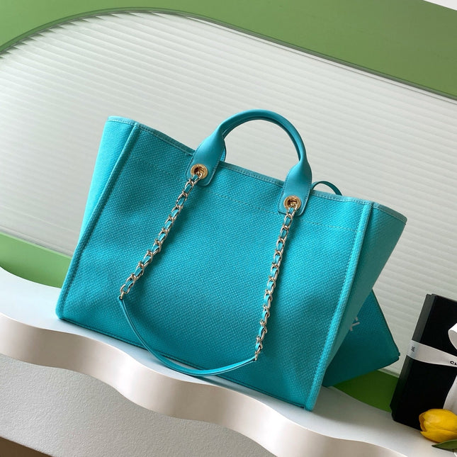 CHANEL 25S TOTE BAG 38 IN TURQUOISE BLUE CANVAS
