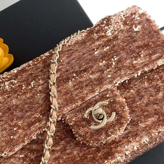 CHANEL 26S SEQUINS FLAP BAG 21 IN BROWN TWEED AND CALFSKIN GOLD HARDWARE