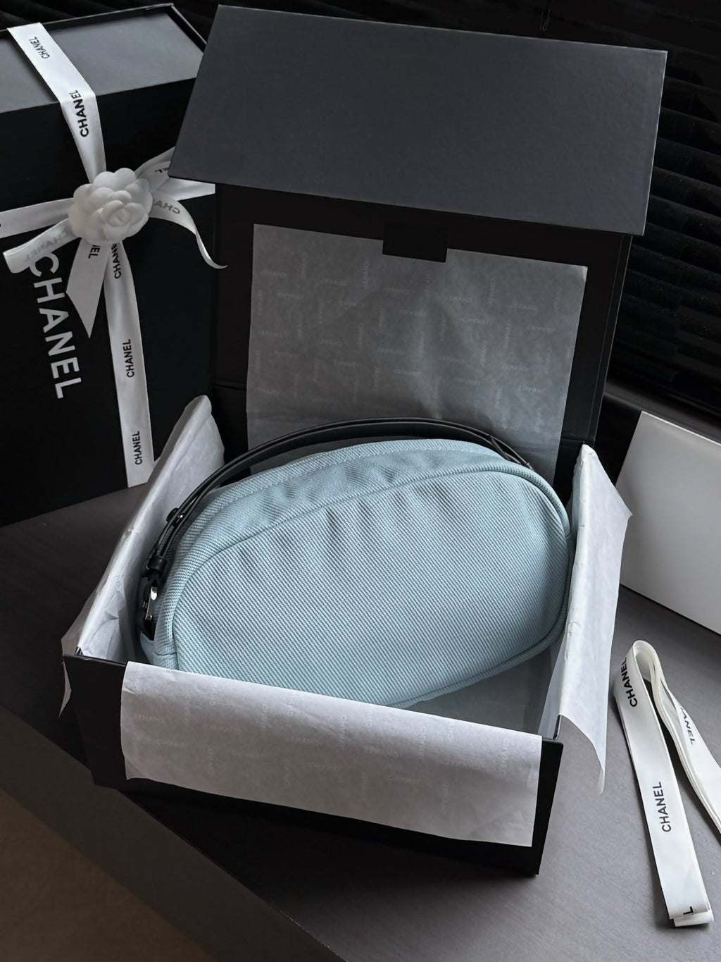 CHANEL 26S COCO BEACH SHOULDER BAG 32 IN LIGHT BLUE CANVAS WITH CALFSKIN STRAP