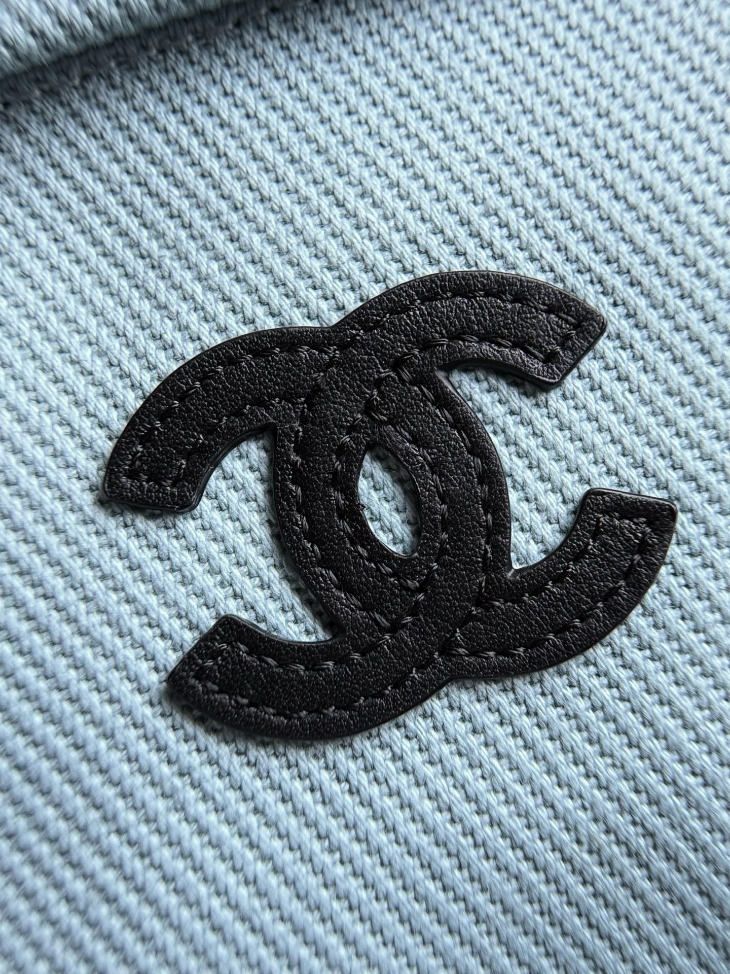 CHANEL 26S COCO BEACH SHOULDER BAG 32 IN LIGHT BLUE CANVAS WITH CALFSKIN STRAP