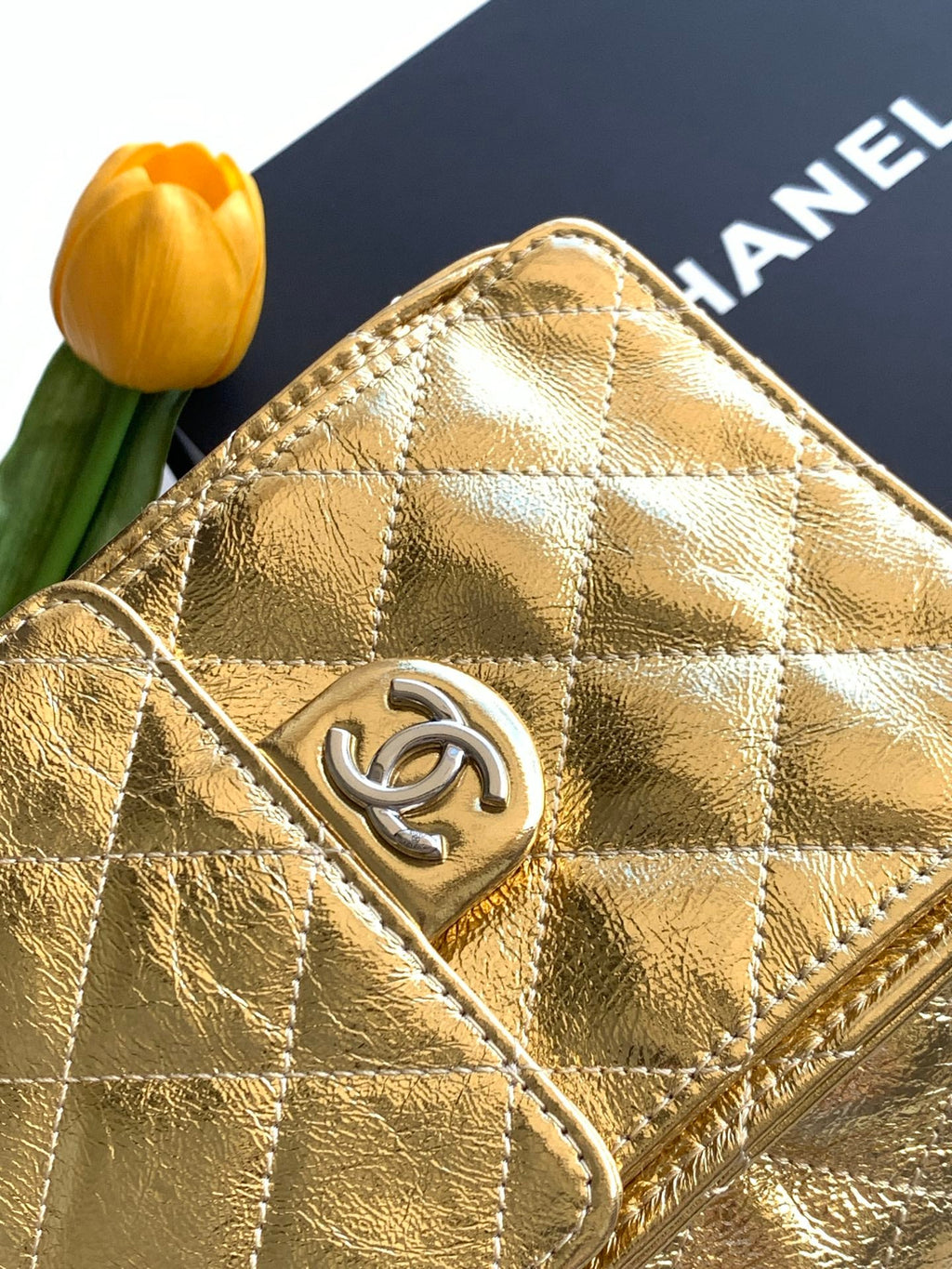 CHANEL 26S HOBO BAG 30 IN GOLD METALLIC CRINKLED CALFSKIN SILVER HARDWARE