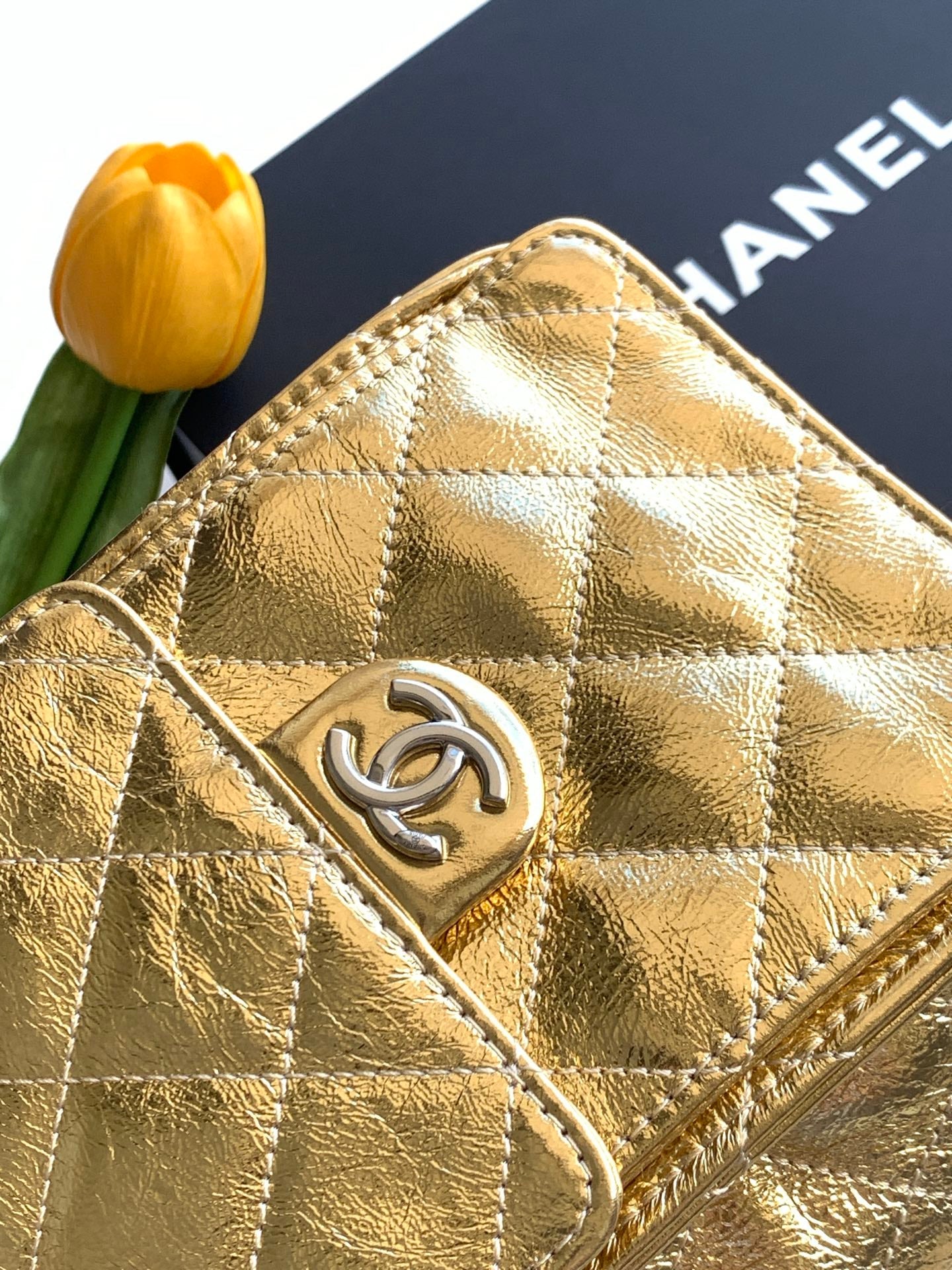 CHANEL 26S HOBO BAG 30 IN GOLD METALLIC CRINKLED CALFSKIN SILVER HARDWARE