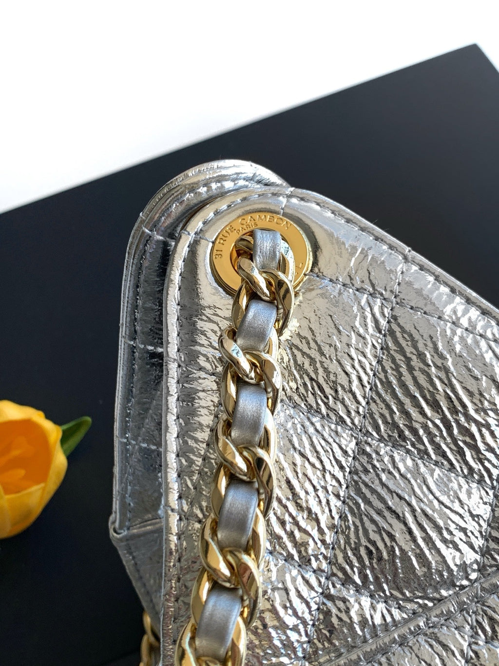 CHANEL 26S HOBO BAG 30 IN SILVER METALLIC CRINKLED CALFSKIN GOLD HARDWARE