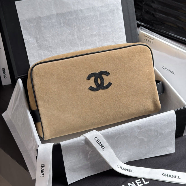 CHANEL 26S LARGE ZIP POUCH BAG 29 IN DARK BEIGE SUEDE AND CALFSKIN SILVER HARDWARE